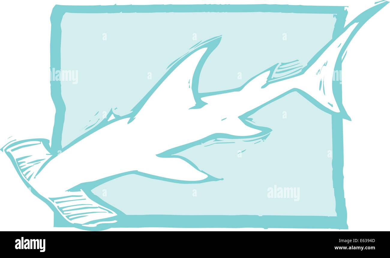 Hammerhead shark swims in the ocean in woodcut style image. Stock Vector