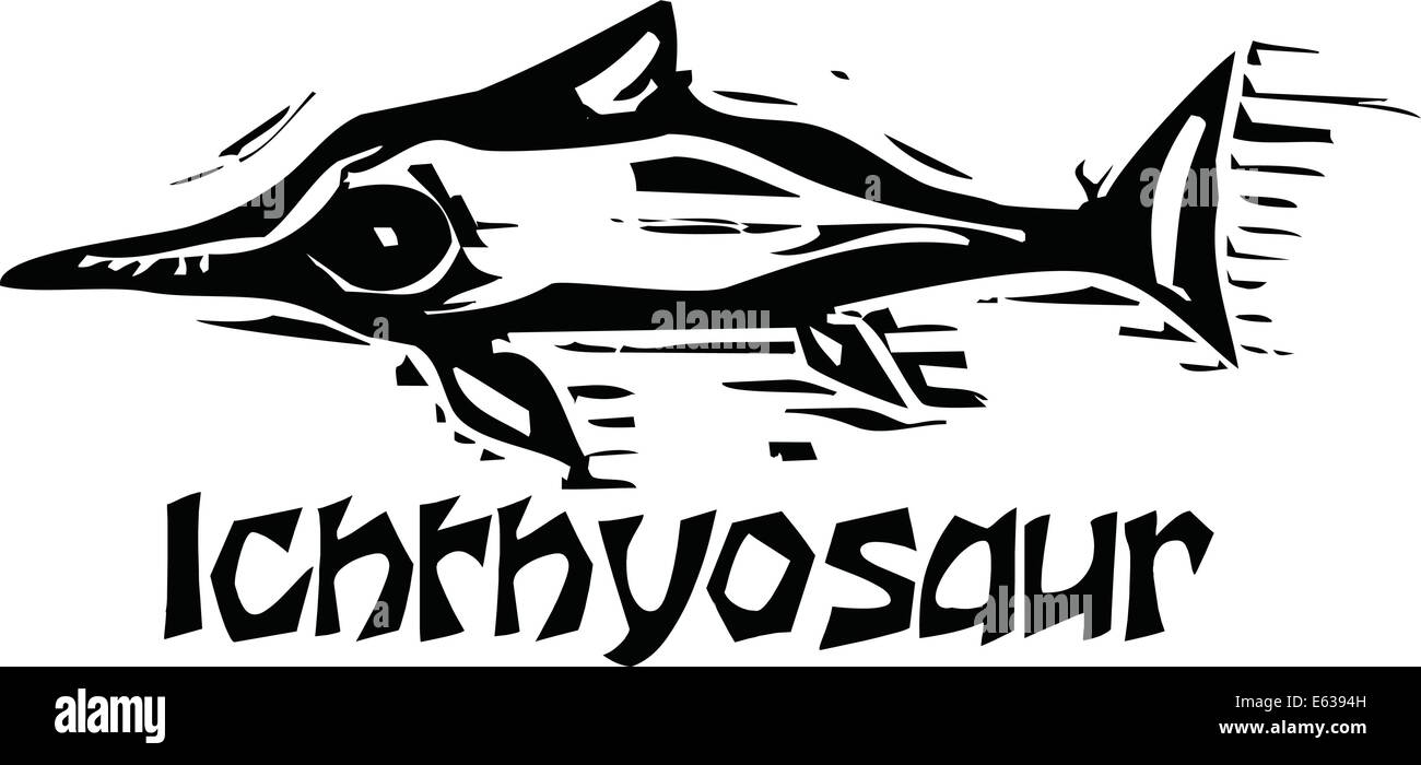 Simple rough woodcut style depictions of a Ichthyosaur Dinosaur Stock Vector