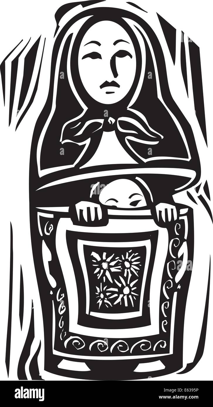 woodcut style image of a a Russian nested doll with another doll inside trying to escape or hide. Stock Vector