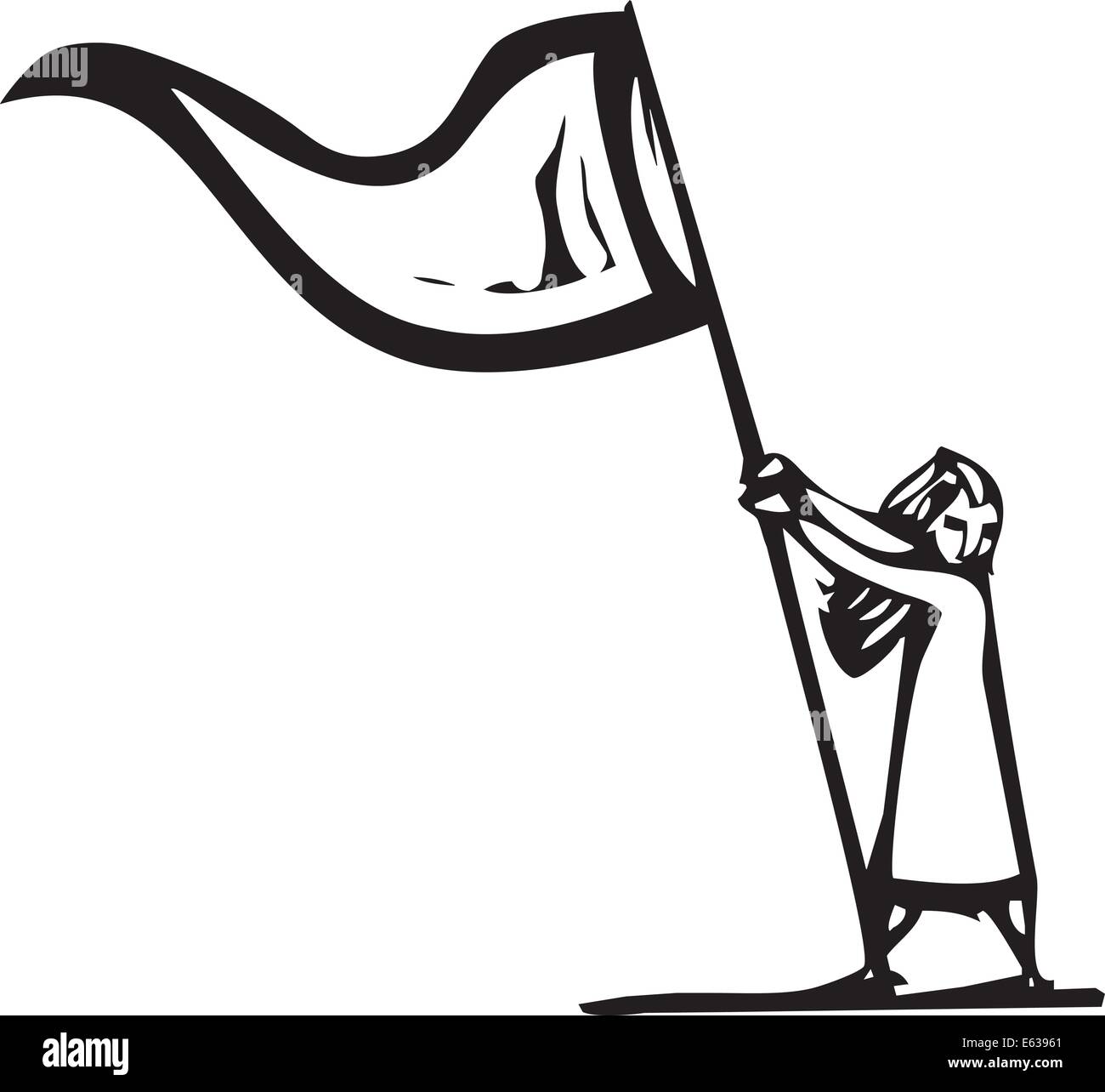 Woodcut expressionist style image of a girl waving a flag Stock Vector