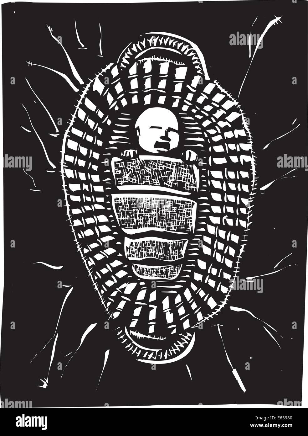 Woodcut style image of the baby Biblical Prophet Moses floating in a basket. Stock Vector