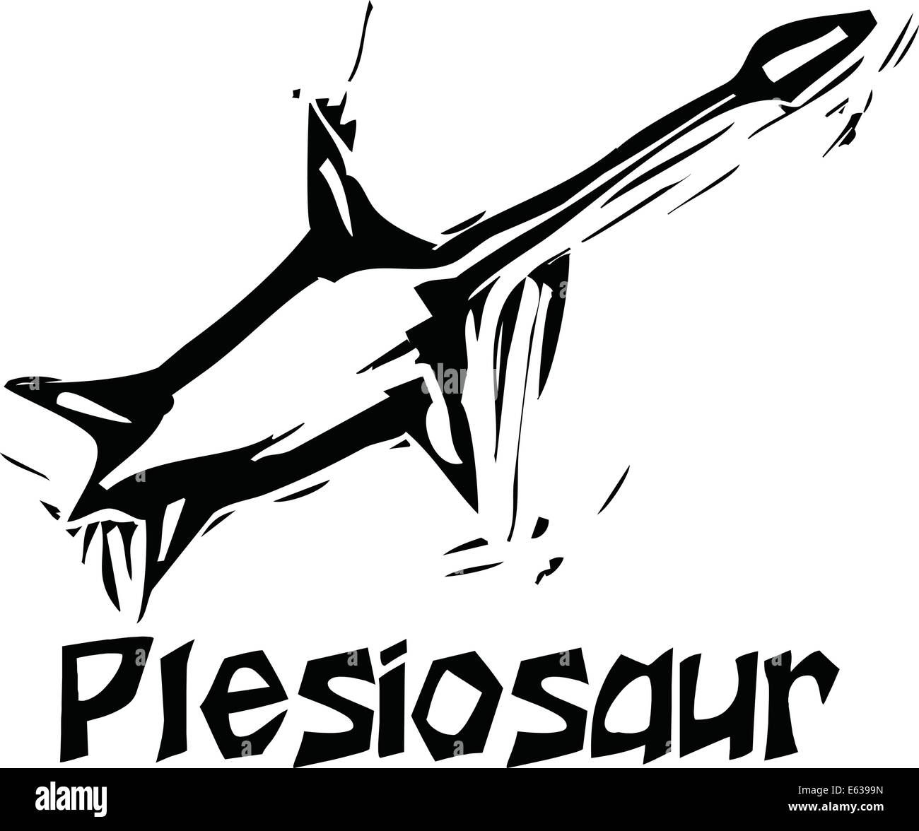 Simple rough woodcut style depictions of a Plesiosaur Dinosaur Stock Vector