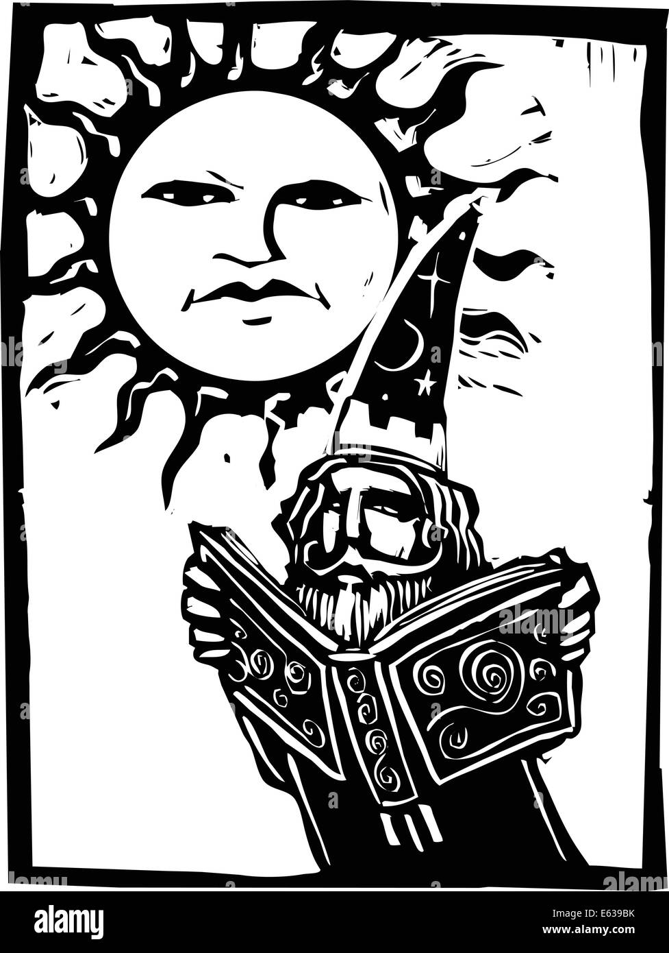 Wizard reading a book beneath a sun with a face. Stock Vector
