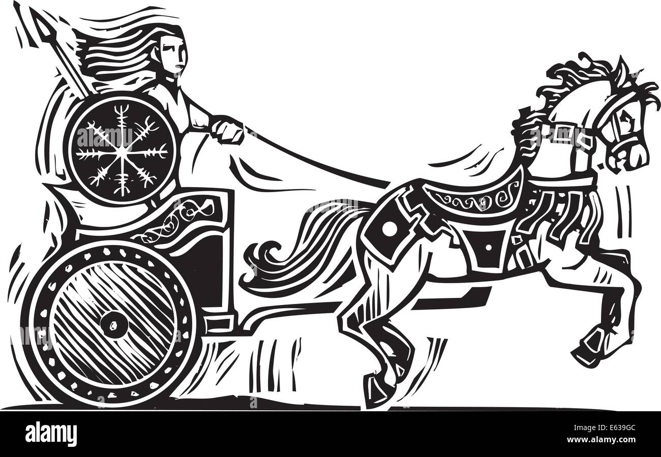 Woodcut style image of the Celtic heroine Brigid riding a chariot. Stock Vector