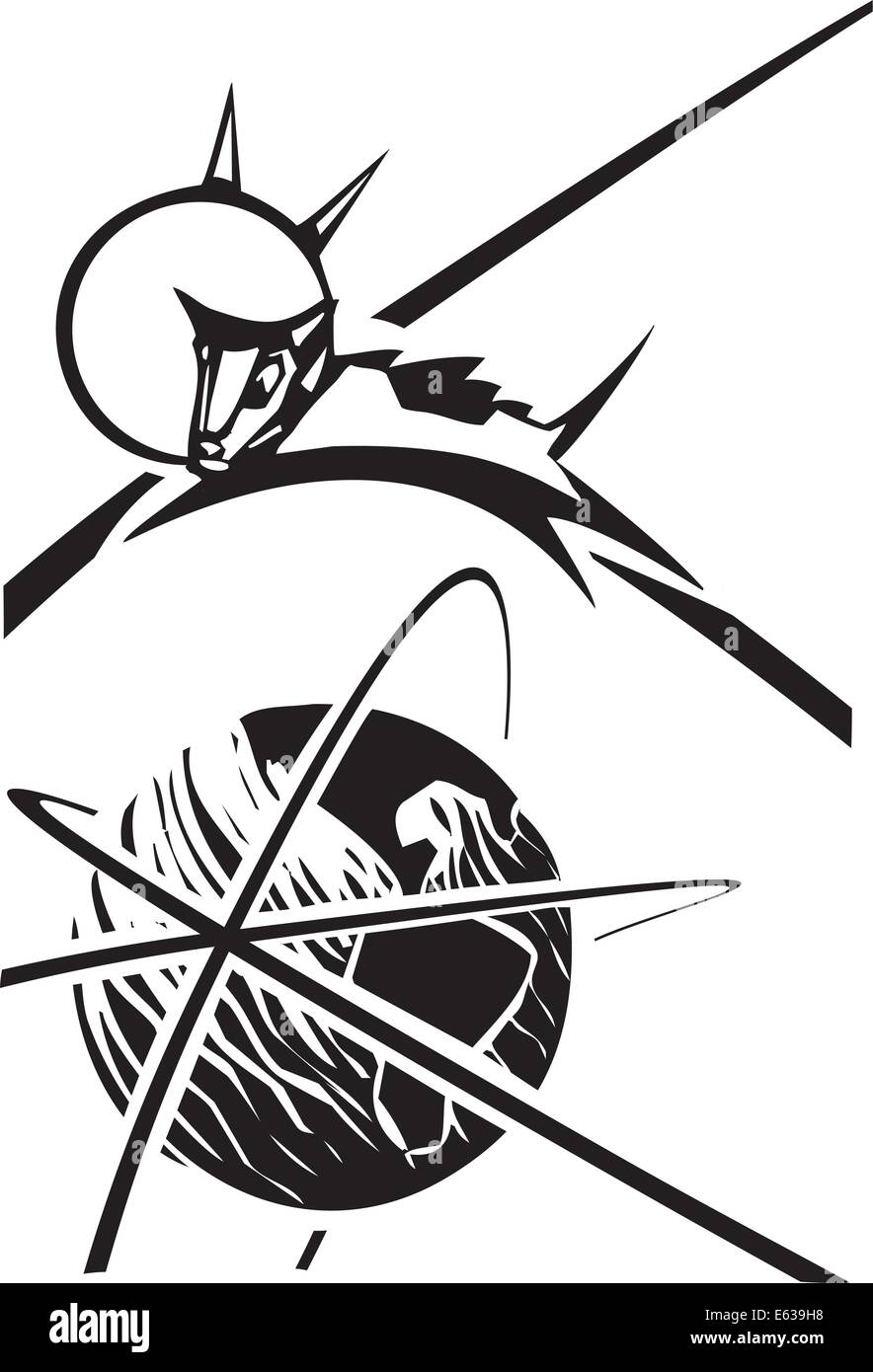 Black and White Soviet Poster style image of the Russian cosmonaut dog Laika orbiting the earth