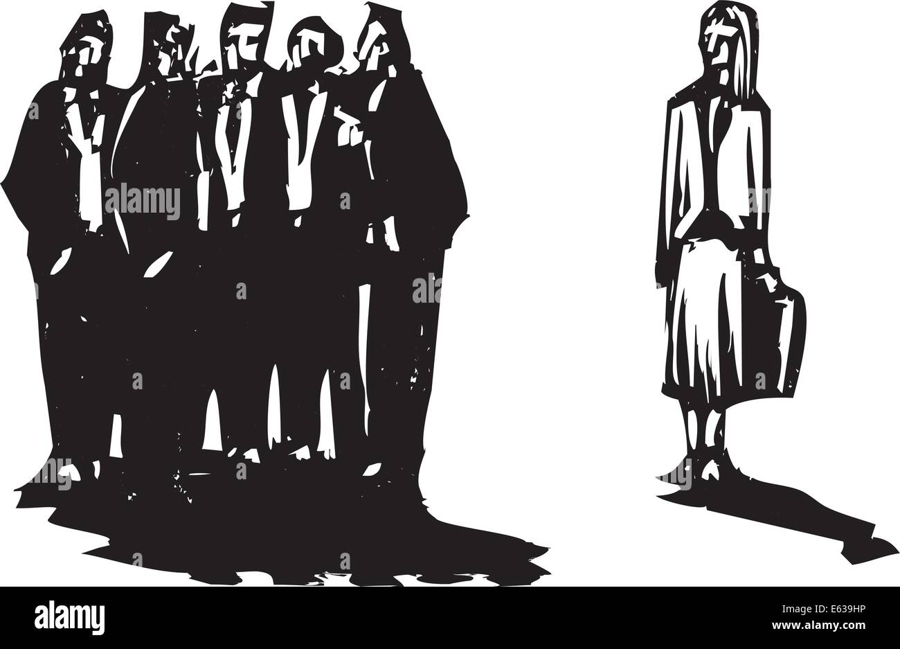 Crowd of men in business suits excluding a woman with briefcase. Stock Vector