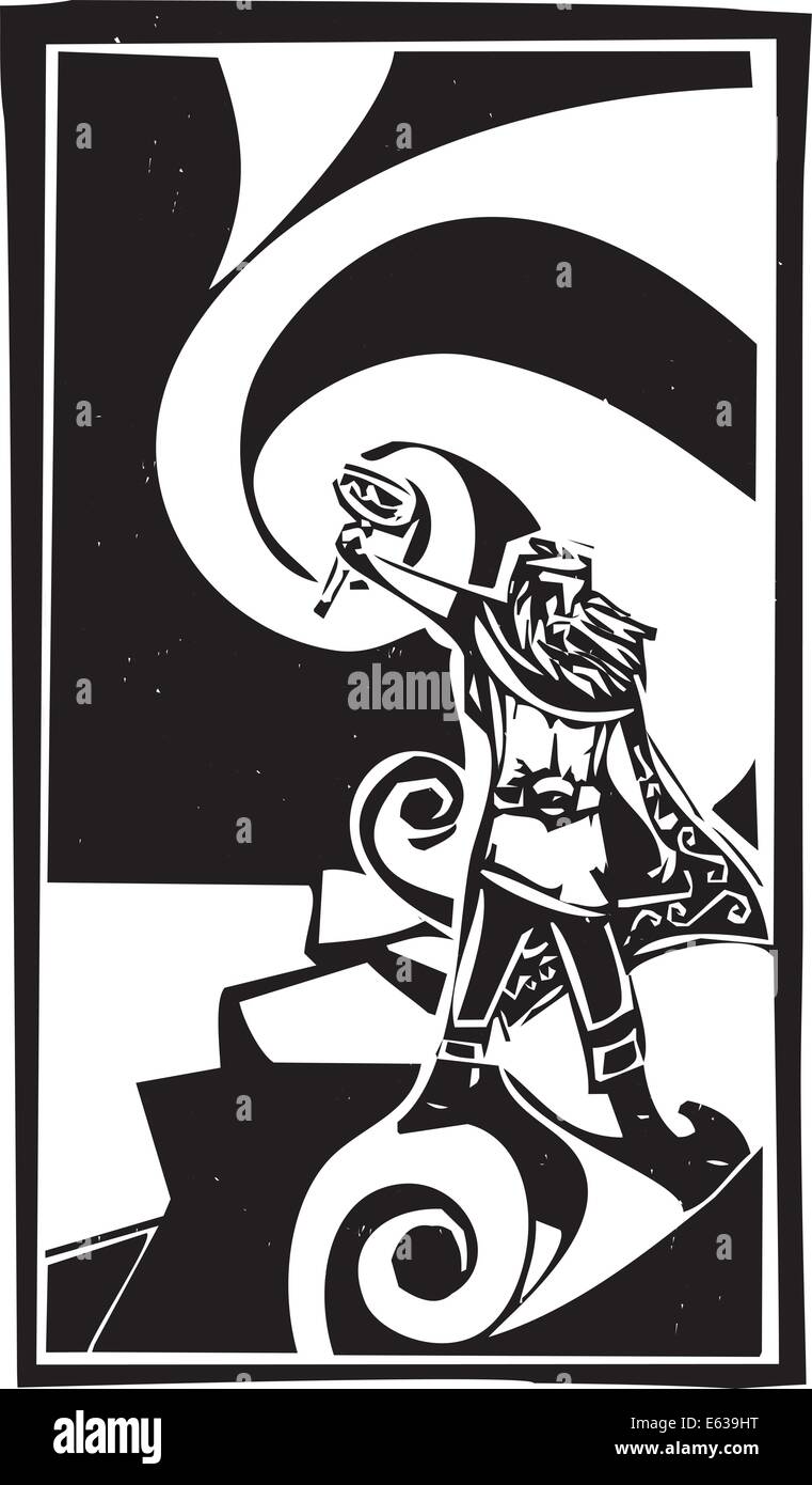 Woodcut style image of the Viking God Thor with swirling clouds. Stock Vector