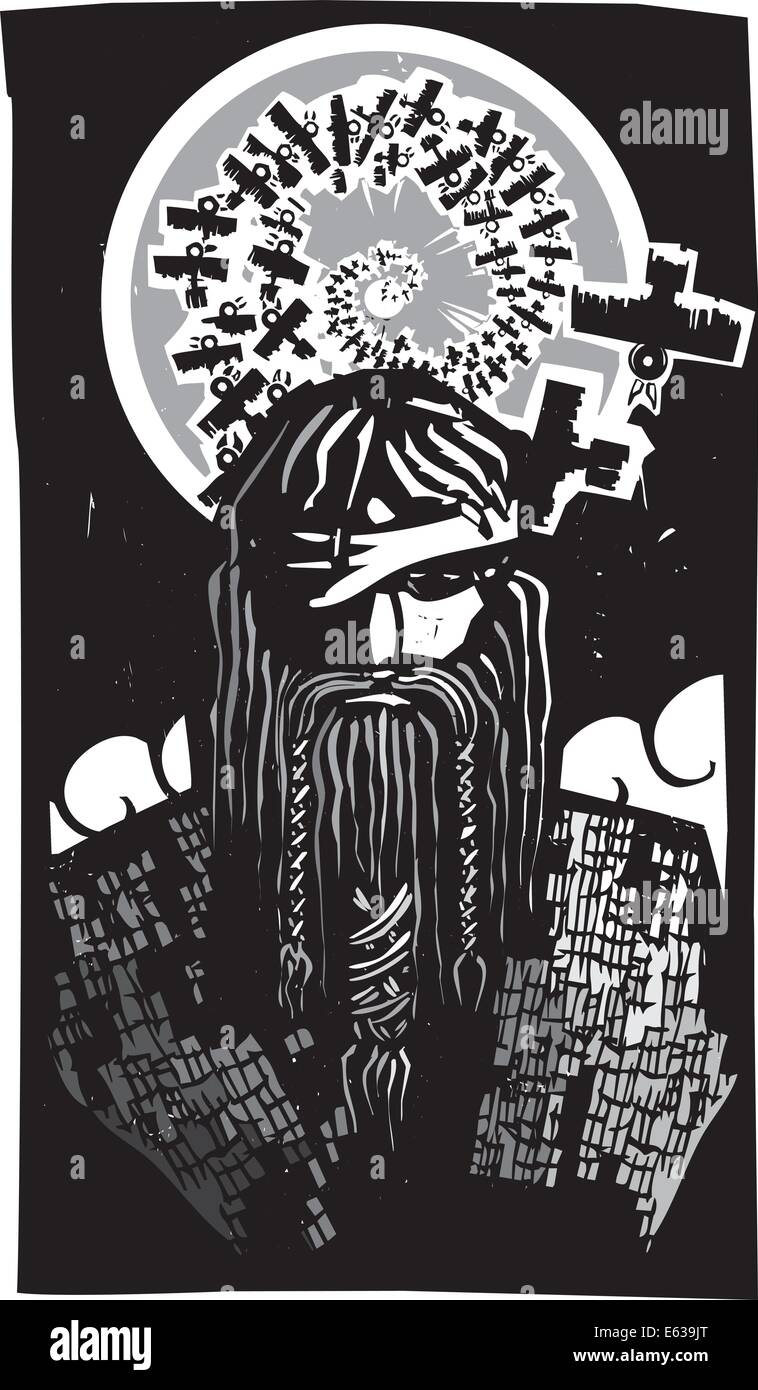 Woodcut style image of the Viking God Odin with Spiral Crows Stock Vector
