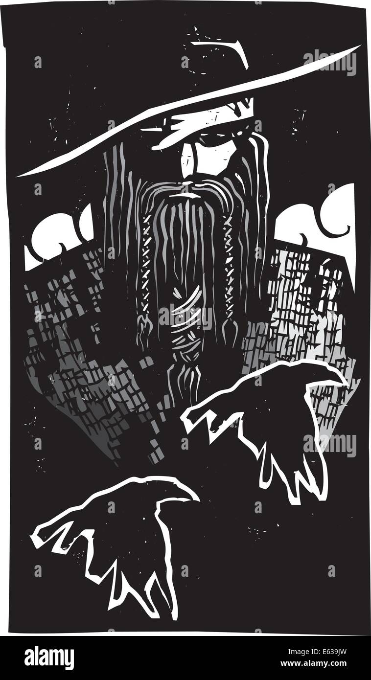 Woodcut style image of the Viking God Odin with two ravens Stock Vector