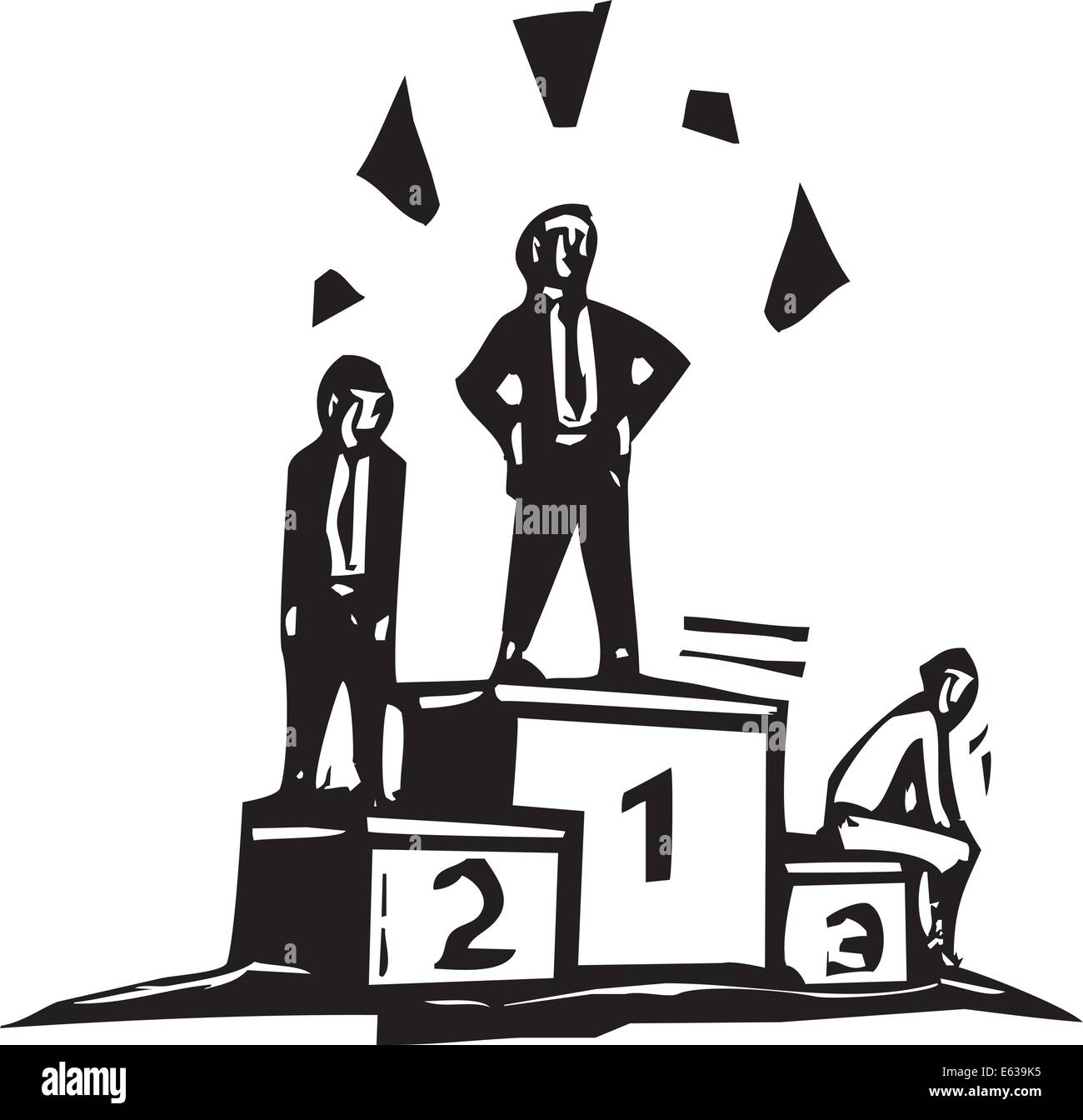 Woodcut business image of three people standing on platform after a contest. Stock Vector
