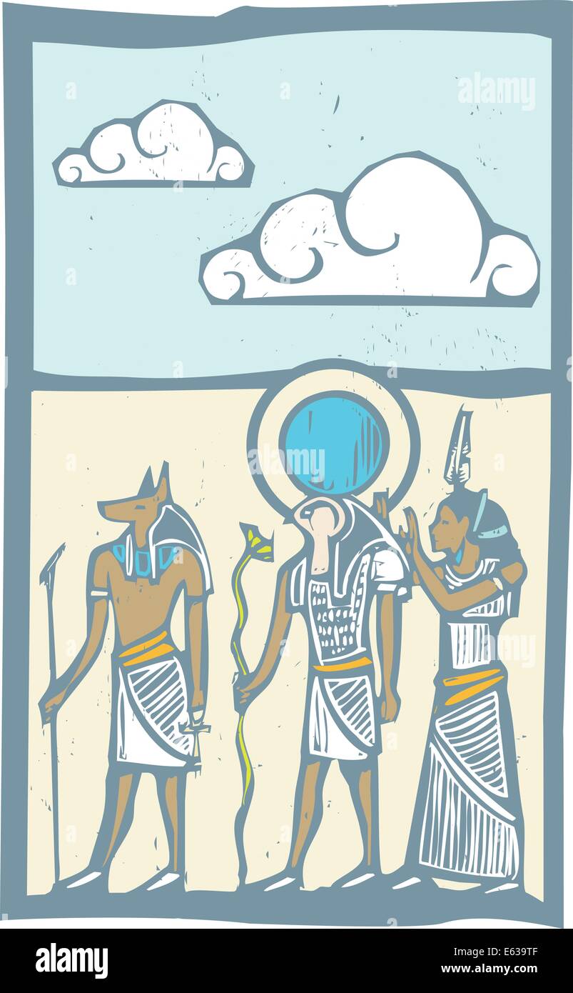 Anubis and Horus with clouds Egyptian hieroglyph in woodcut style. Stock Vector