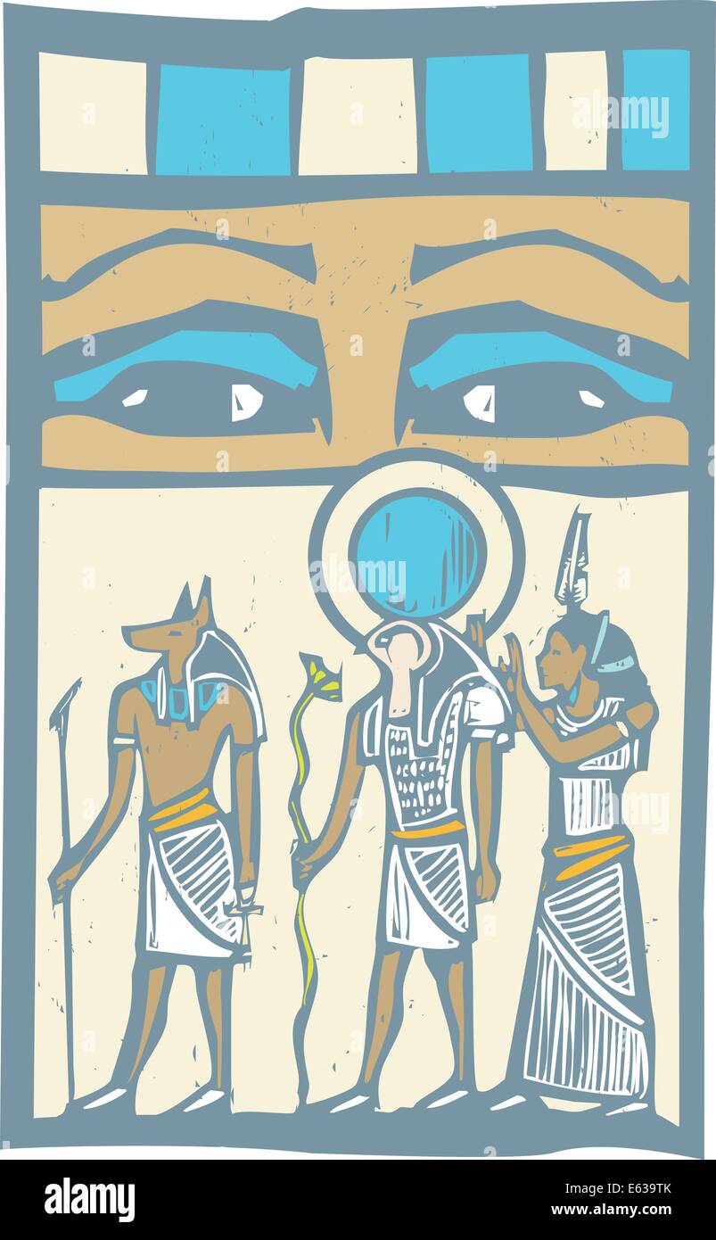 Anubis and Horus the Pharaoh's eyes Egyptian hieroglyph in woodcut style. Stock Vector