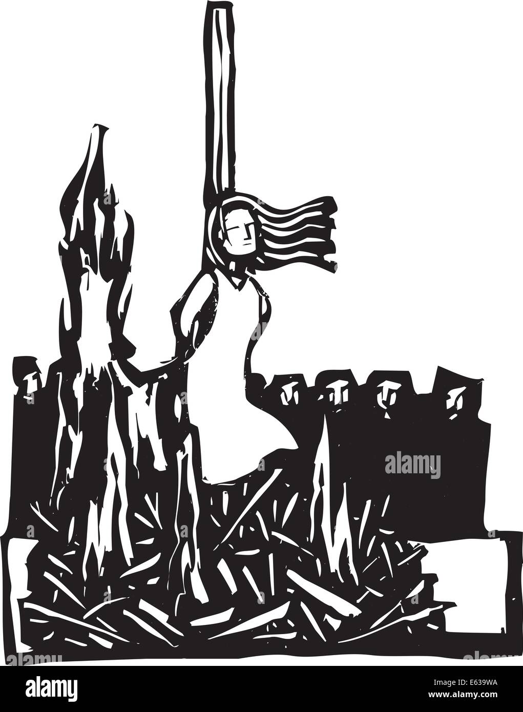 Expressionist woodcut style Woman,Saint or Witch being burned at the stake being watched by a crowd. Stock Vector