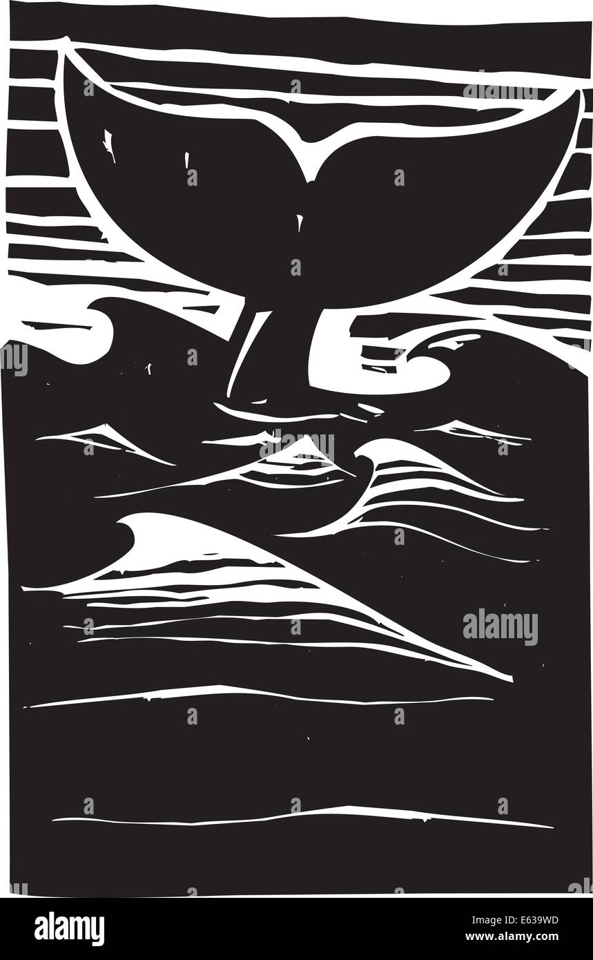 Expressionist woodcut style Whale tale or fluke rising above dark waves on the ocean. Stock Vector