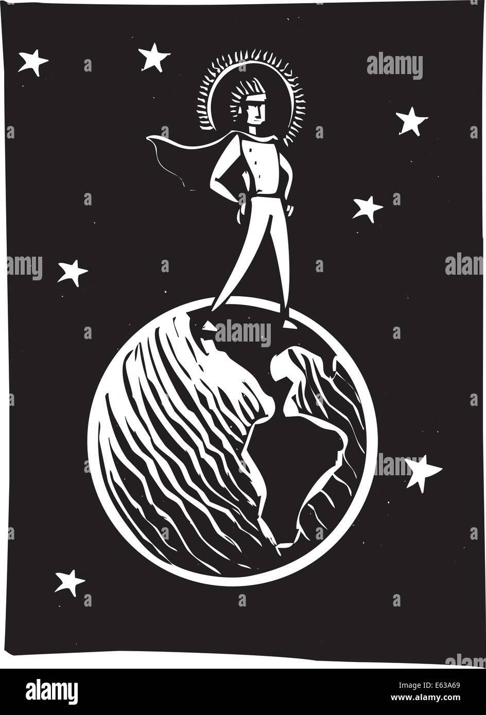 Superhero in a cape stands on the Earth. Stock Vector