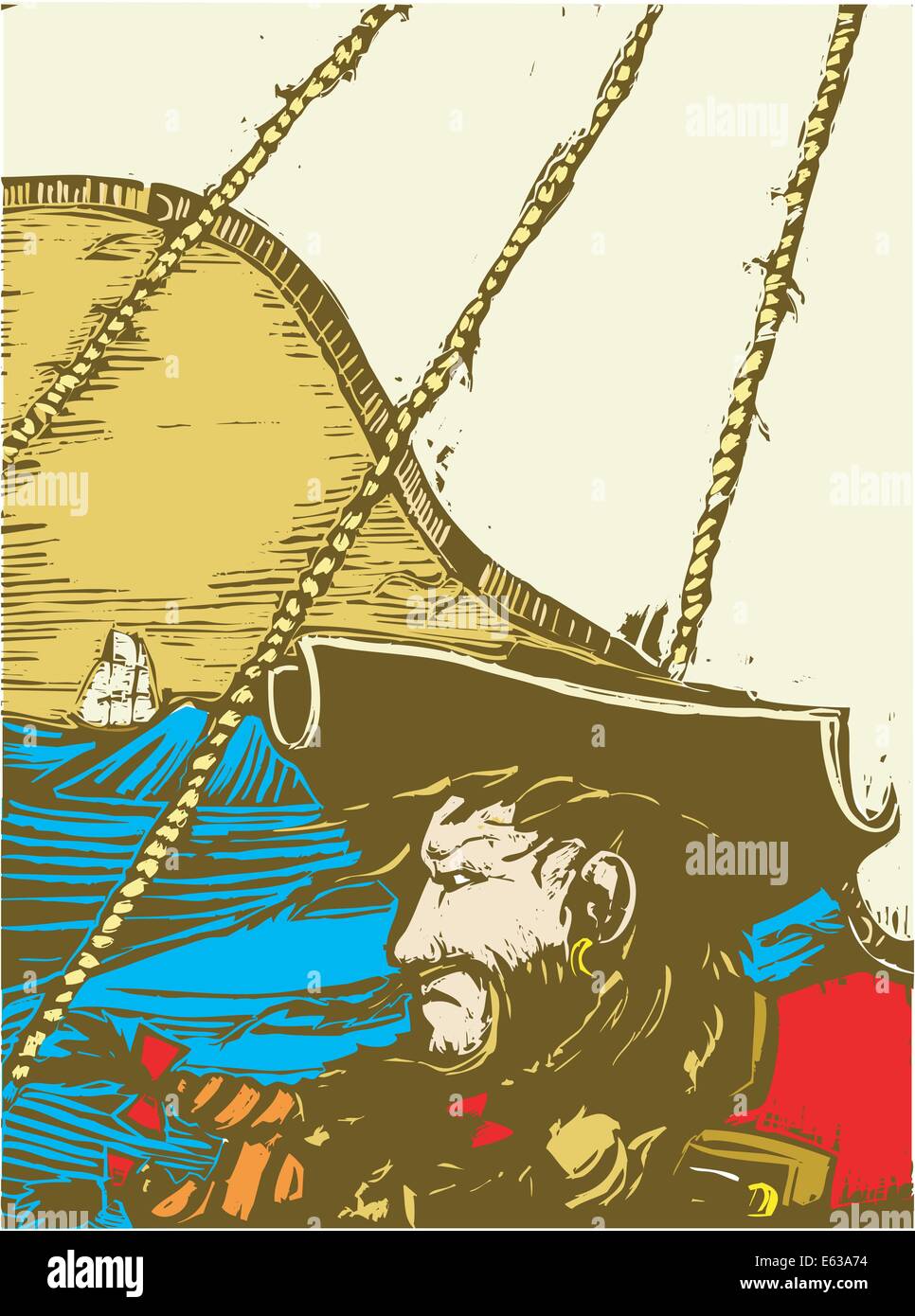 Blackbeard the Pirate on the Deck of his ship. Stock Vector