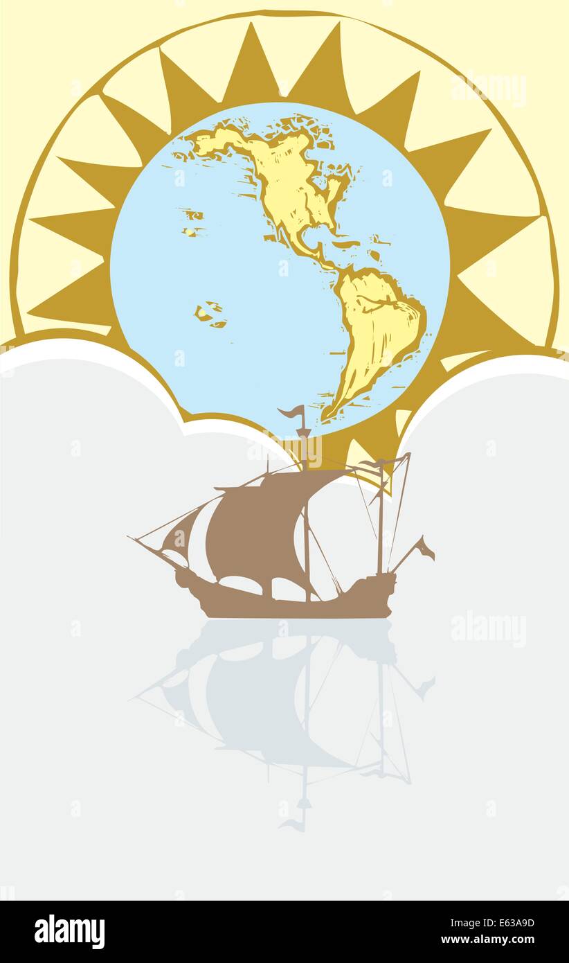 Sailing ship at sea with image of globe in compass rose. Stock Vector