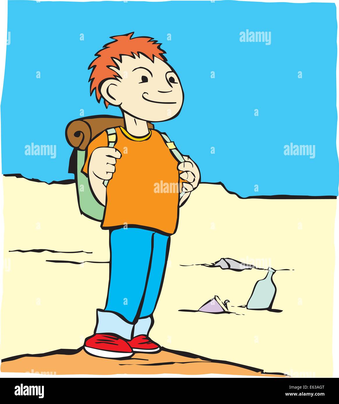 Boy with back pack and smile hiking Stock Vector