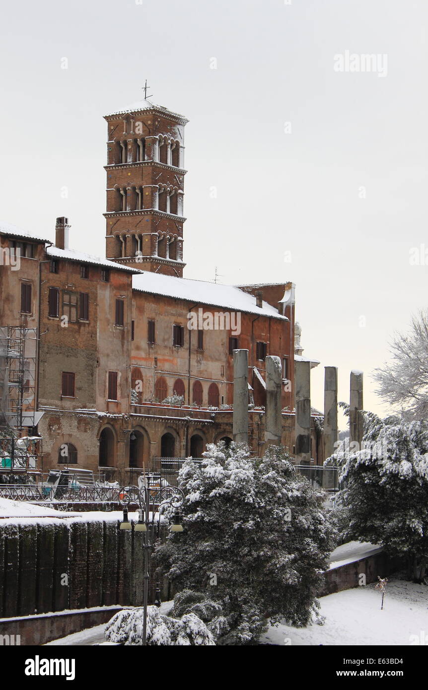 Saint Cosma and Damiano Basilica under snow in Rome, Italy Stock Photo