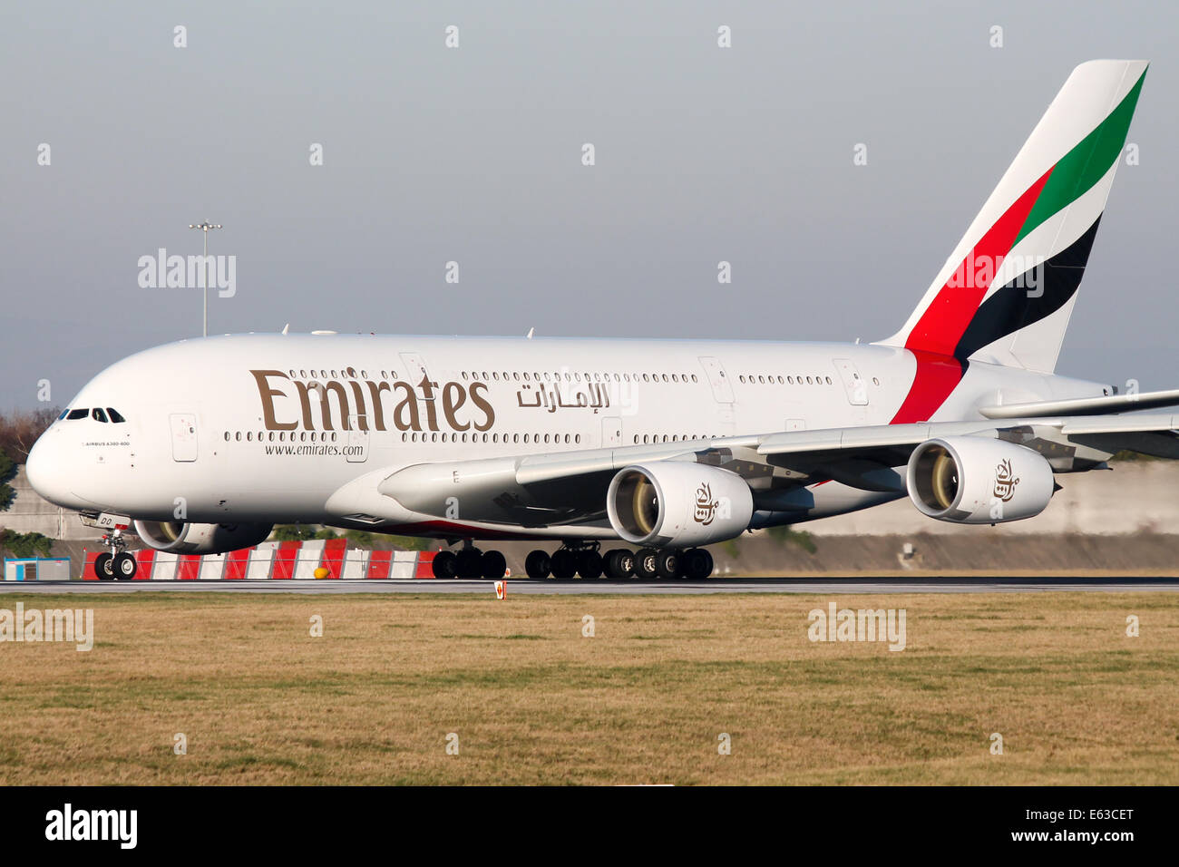 Emirates Airbus A380-800 accelerates down runway 23R at Manchester airport. Stock Photo