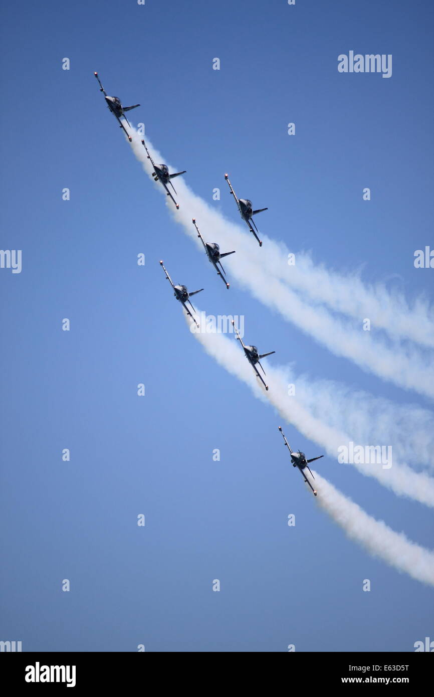 The italian acrobatic team Frecce Tricolori perform at the Rome International Air Show on June 3, 2012 in Rome Stock Photo
