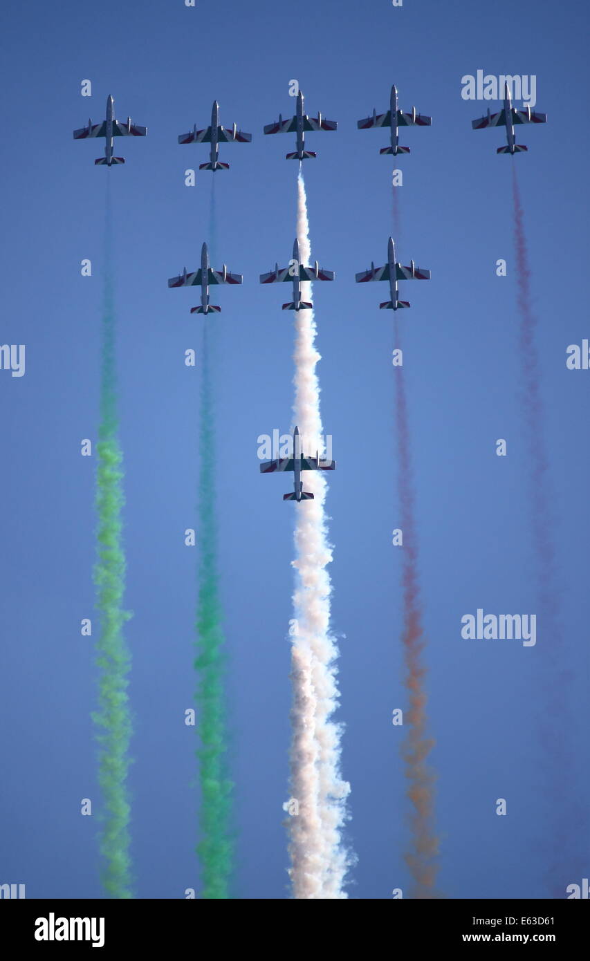 The italian acrobatic team Frecce Tricolori perform at the Rome International Air Show on June 3, 2012 in Rome Stock Photo
