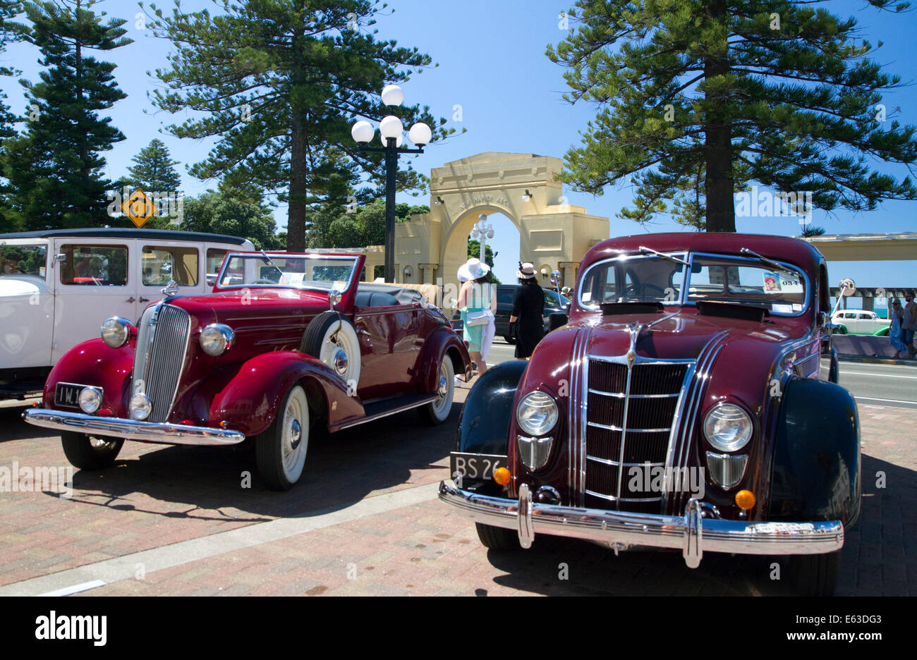 Vintage cars on display during the Tremains Art Deco Weekend  at Napier in the Hawke's Bay Region, North Island, New Zealand. Stock Photo