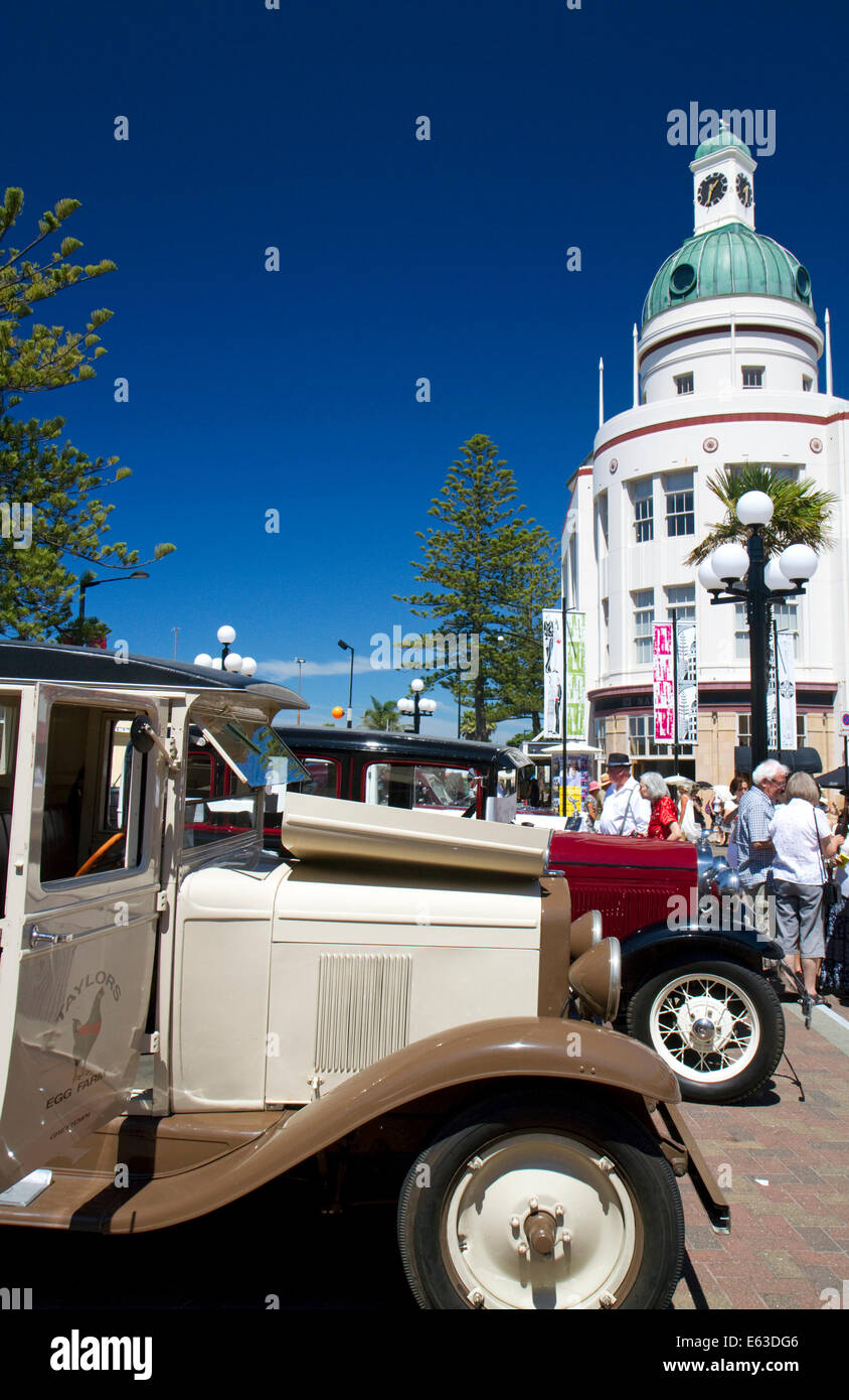 Vintage cars on display during the Tremains Art Deco Weekend  at Napier in the Hawke's Bay Region, North Island, New Zealand. Stock Photo
