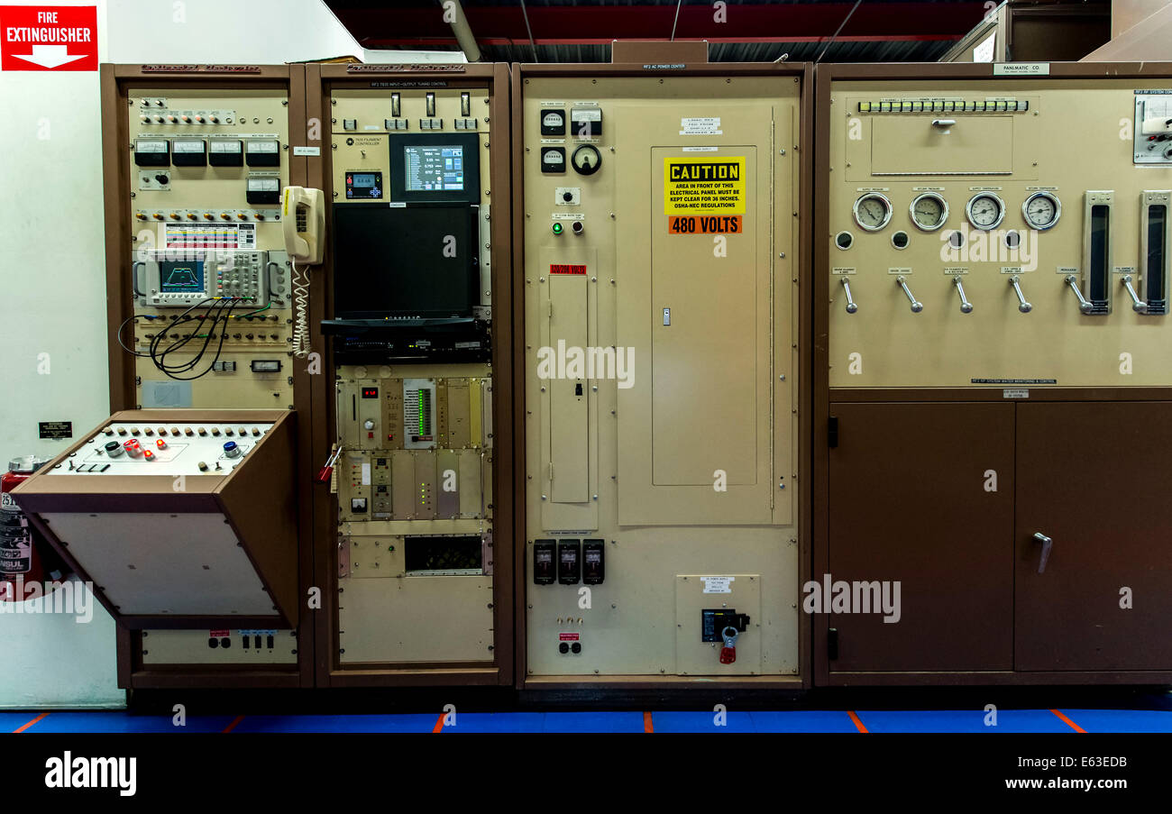 Batavia, Illinois, USA. 12th Aug, 2014. A bank of instruments monitors the Linear Accelerator at the U.S. Department of Energy's Fermilab, America's national laboratory for particle physics research. Fermilab scientists, engineers and technicians design, build and operate some of the most complex and powerful particle accelerators and detectors in the world to explore the mysteries of matter, energy, space and time. © Brian Cahn/ZUMA Wire/Alamy Live News Stock Photo