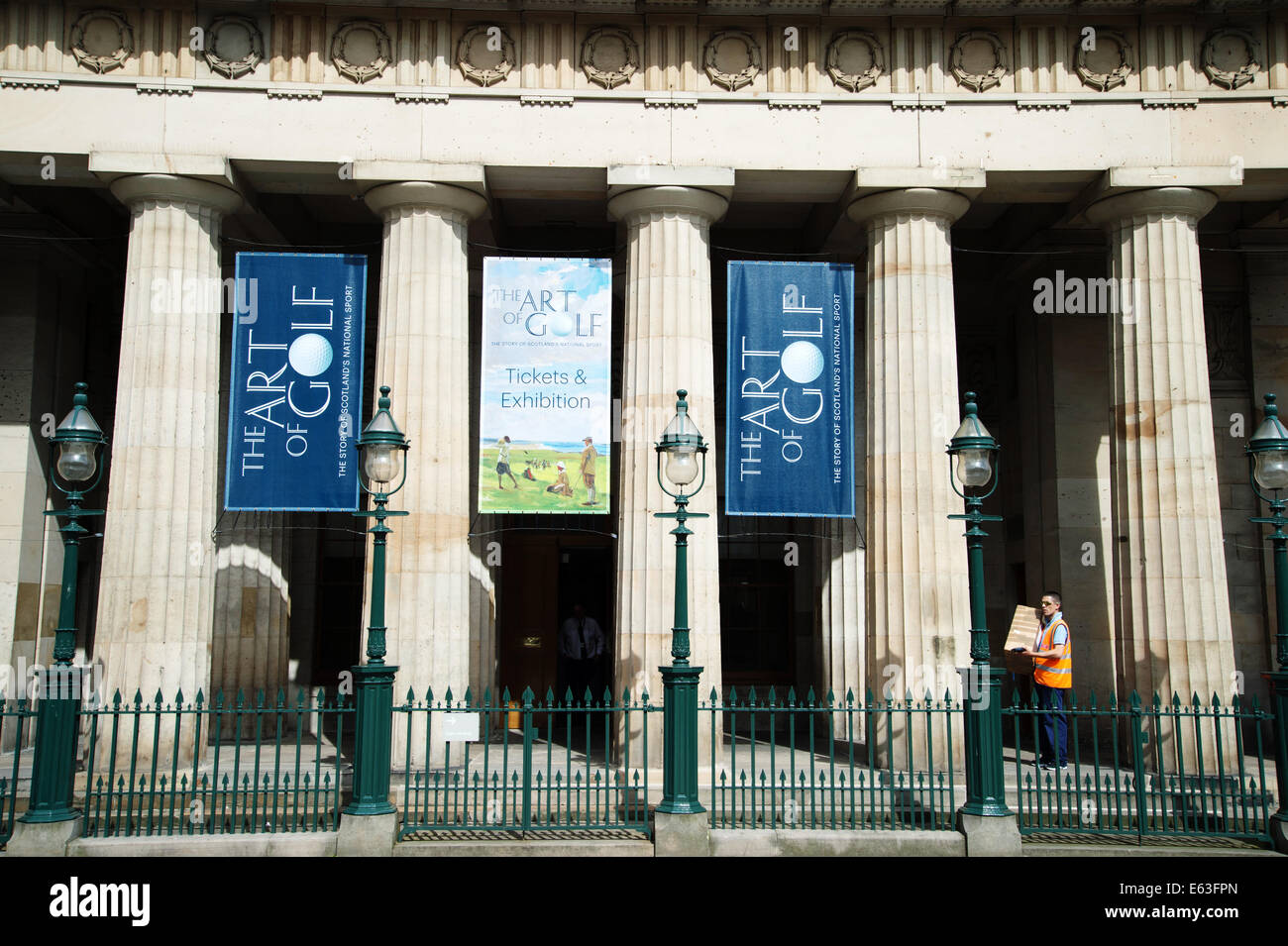 Scotland 2014. Edinburgh . Scottish National Gallery. Banners advertising 'The Art of Golf' an exhibition celebrating golf with Stock Photo