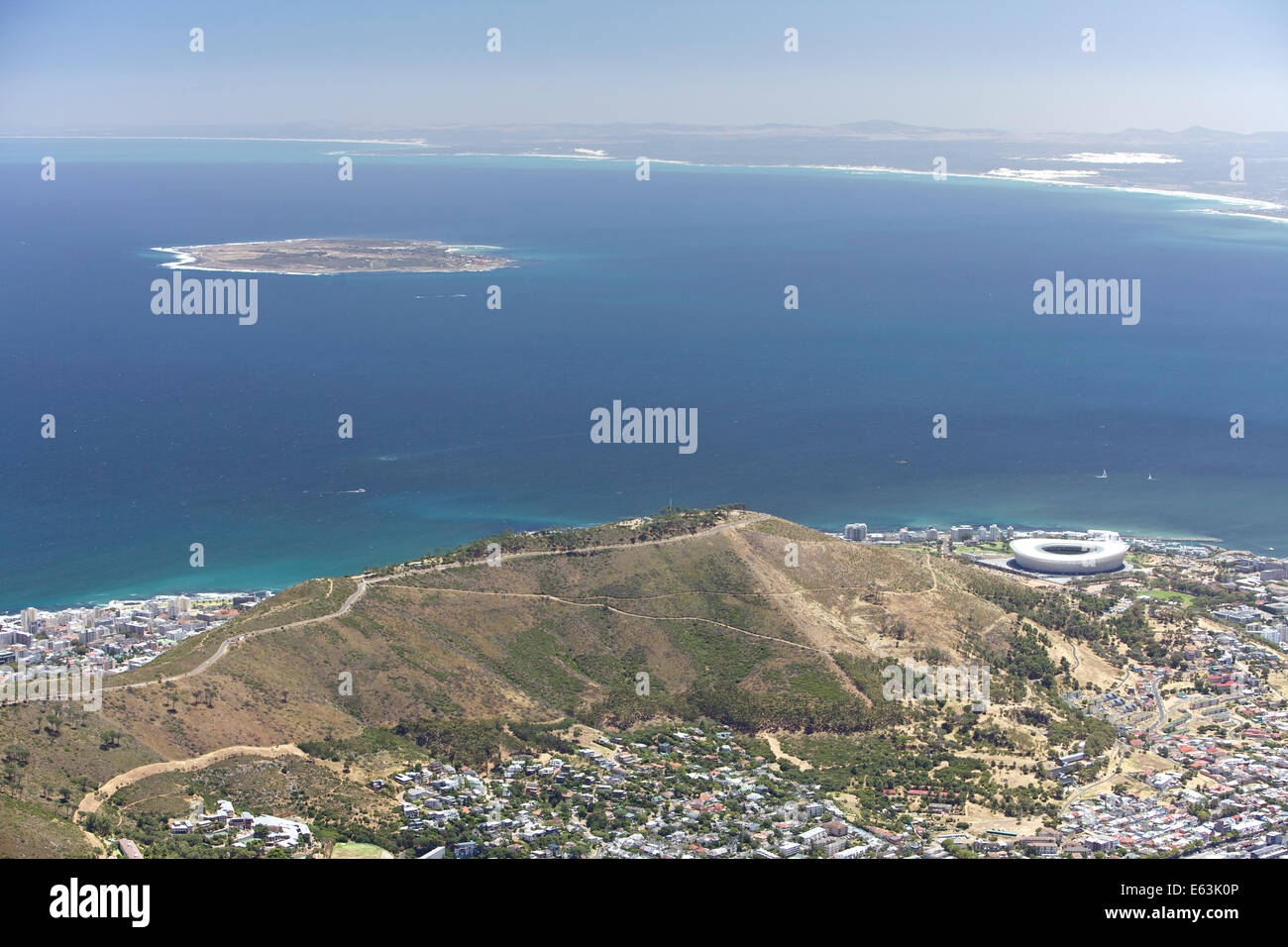 Aerial view of city of Cape Town taken from top of Table mountain.  Robin island and harbor view, South Africa Stock Photo