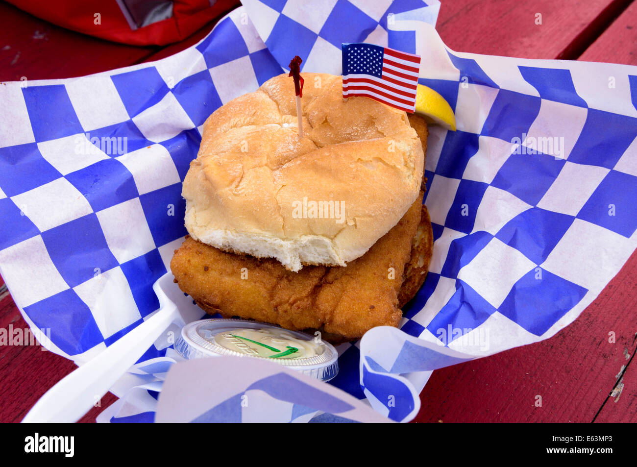 Haddock fish sandwich,  Machias Maine. Stock Photo