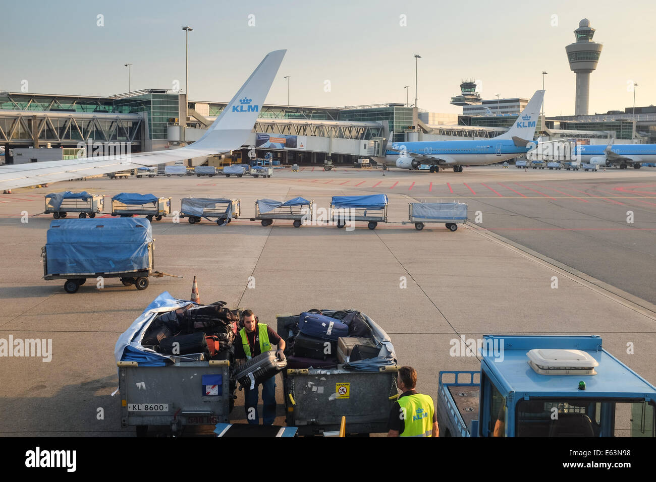 Handling luggage for a KLM flight, in Schiphol Amsterdam Airport, Holland, Europe Stock Photo