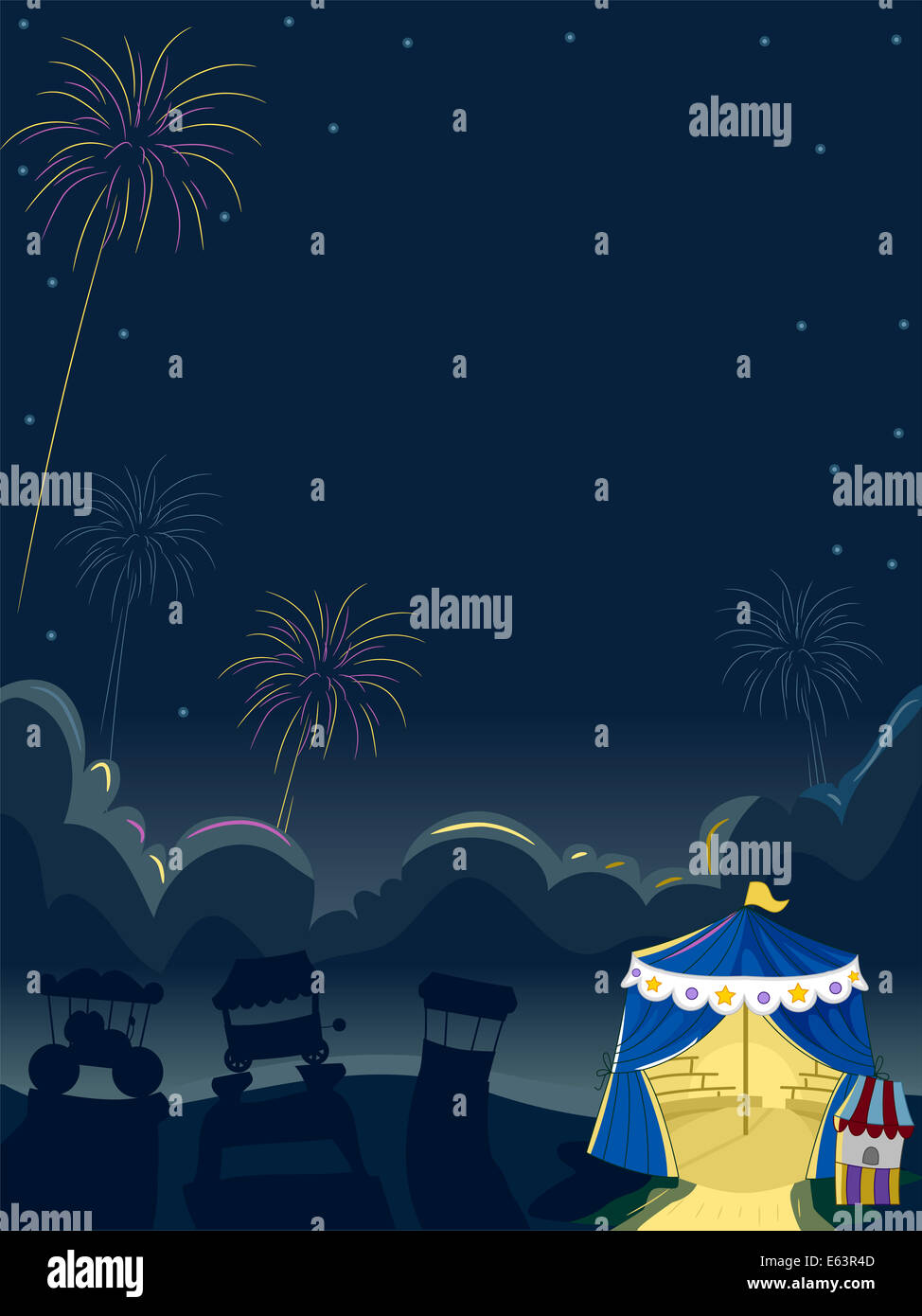 Illustration of a Fireworks Display with Circus Tents in the Background Stock Photo