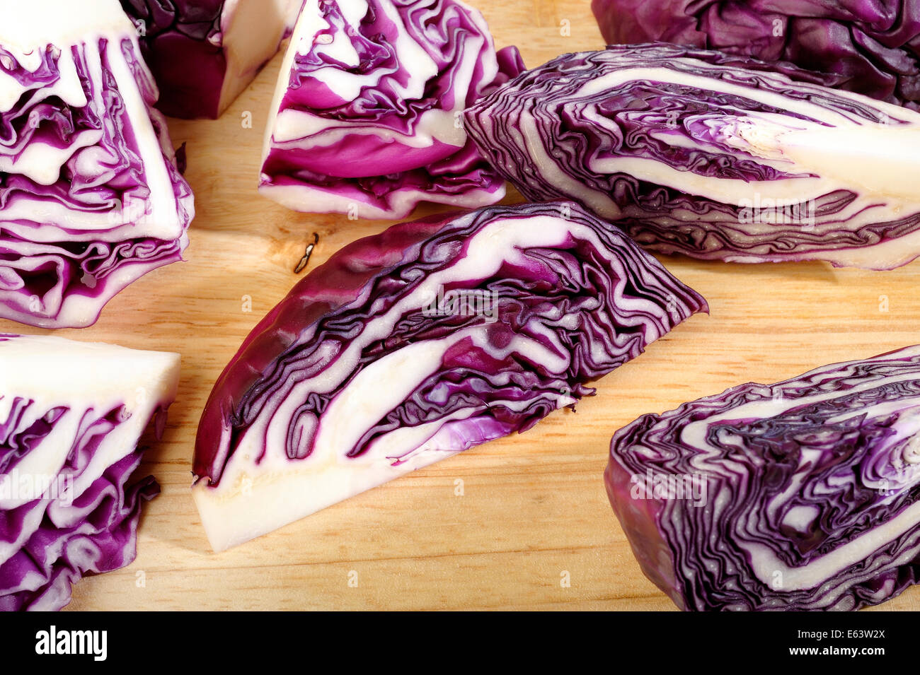 chopped red cabbage  on wooden cutting board Stock Photo