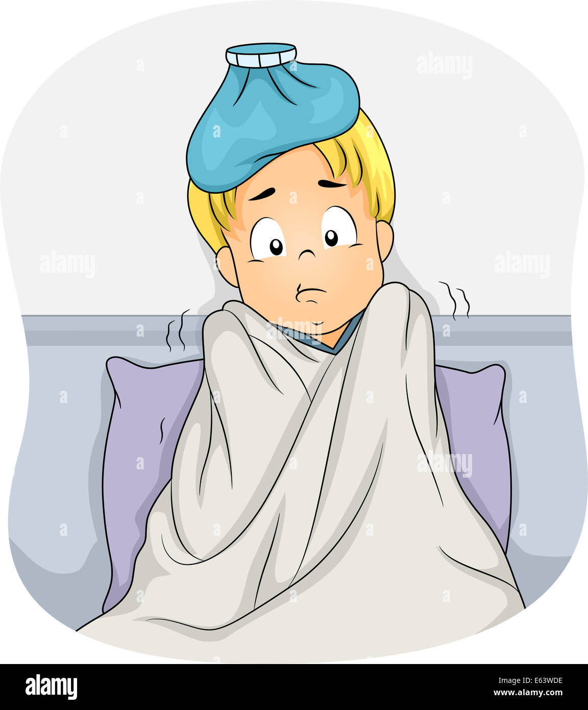 Illustration of a Boy Lying in Bed Due to Fever Stock Photo