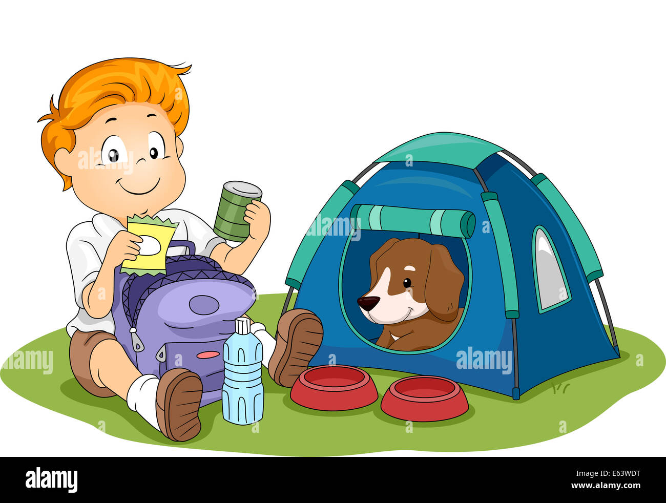 Illustration of a Kid Camping with His Pet Dog Stock Photo