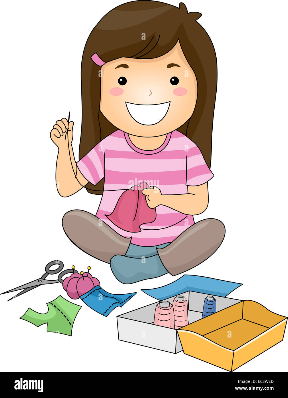 Illustration of a Cute Little Girl Sewing a Piece of Fabric Stock Photo