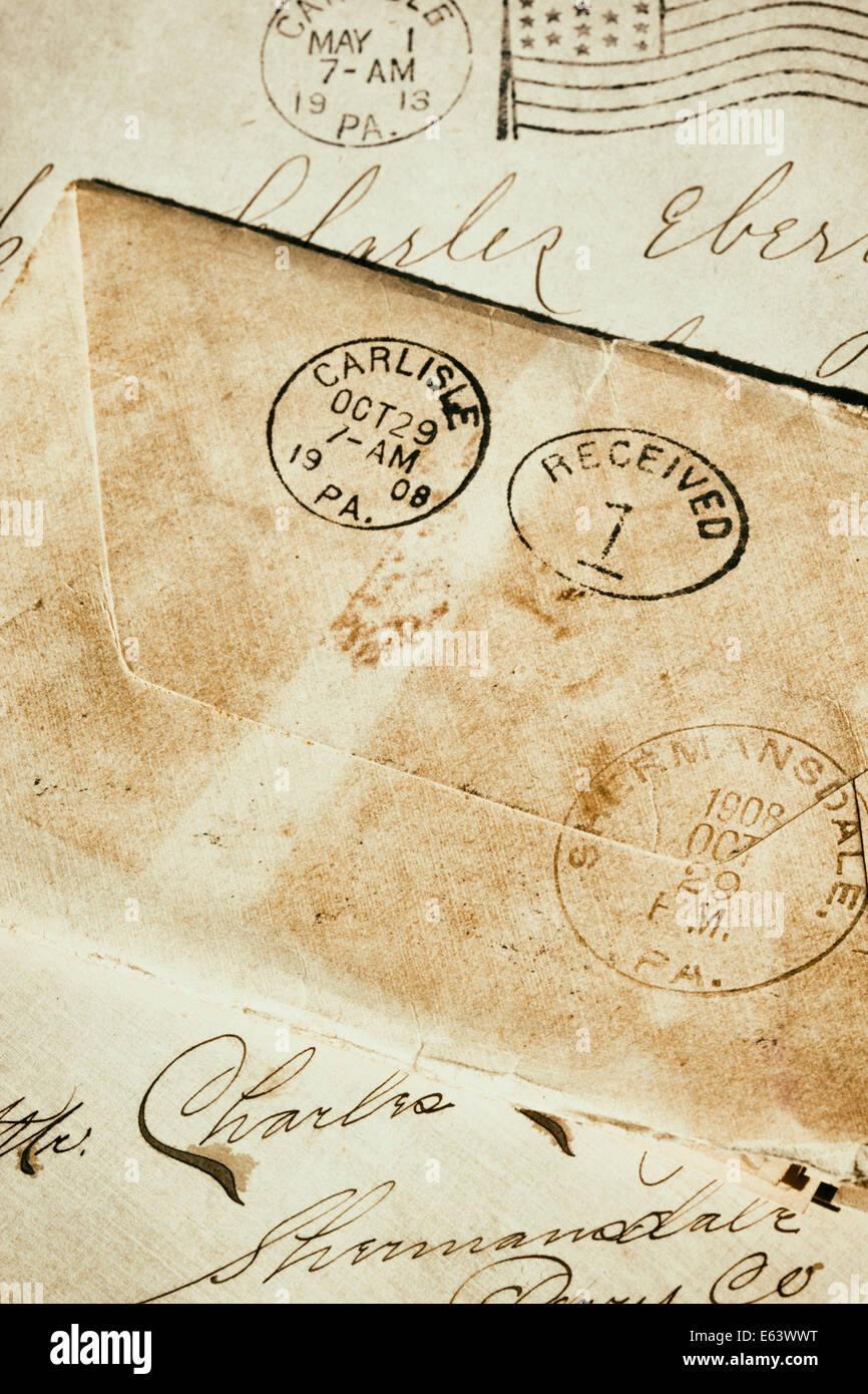 Old postmarked envelopes from over 100 years ago. Stock Photo