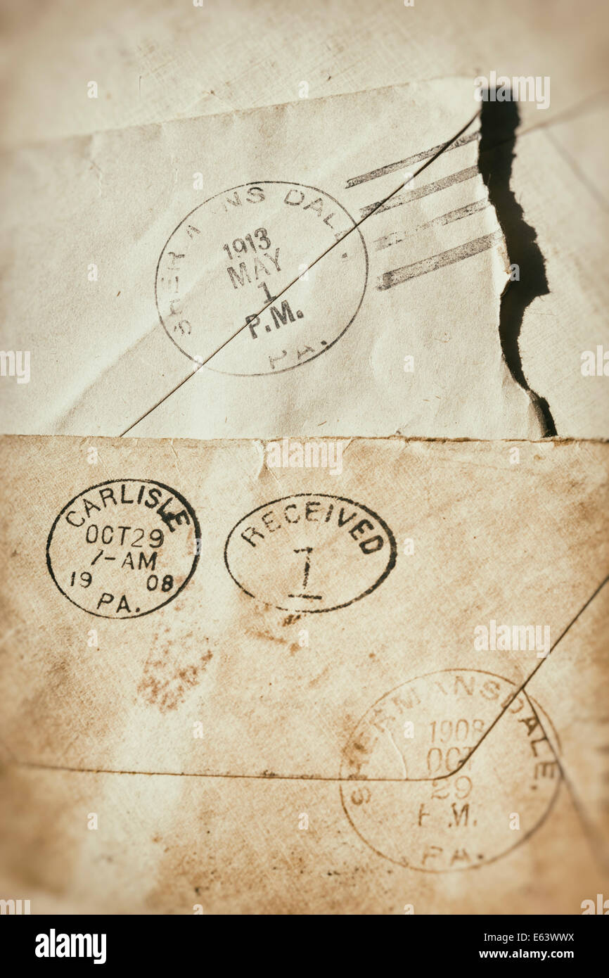 Old postmarked envelopes from over 100 years ago. Stock Photo