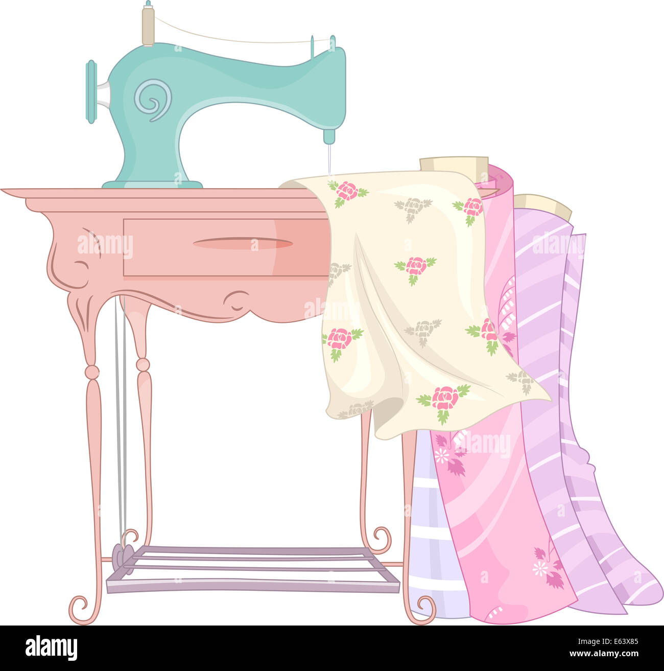 Shabby Chic Illustration Featuring a Treadle Sewing Machine Stock Photo