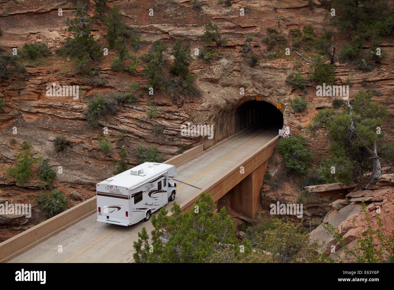 RV on bridge entering east portal of Zion Tunnel, Zion – Mount Carmel Highway, Zion National Park, Utah, USA Stock Photo