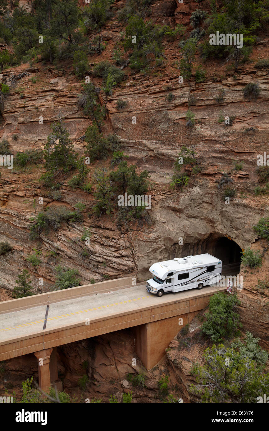 RV on bridge exiting east portal of Zion Tunnel, Zion – Mount Carmel Highway, Zion National Park, Utah, USA Stock Photo