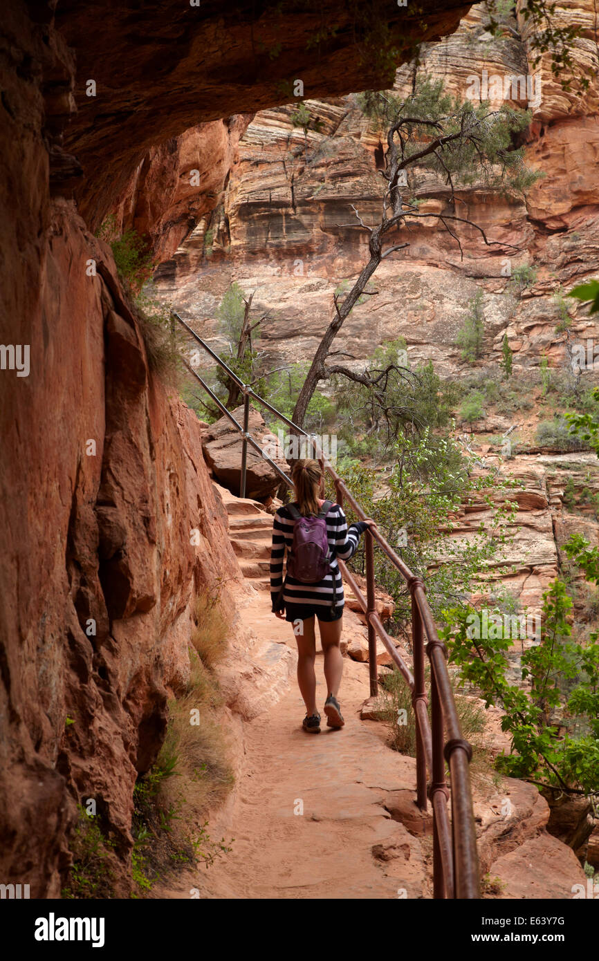 Hiker in overhang on Canyon Overlook Trail, Zion National Park, Utah, USA Stock Photo