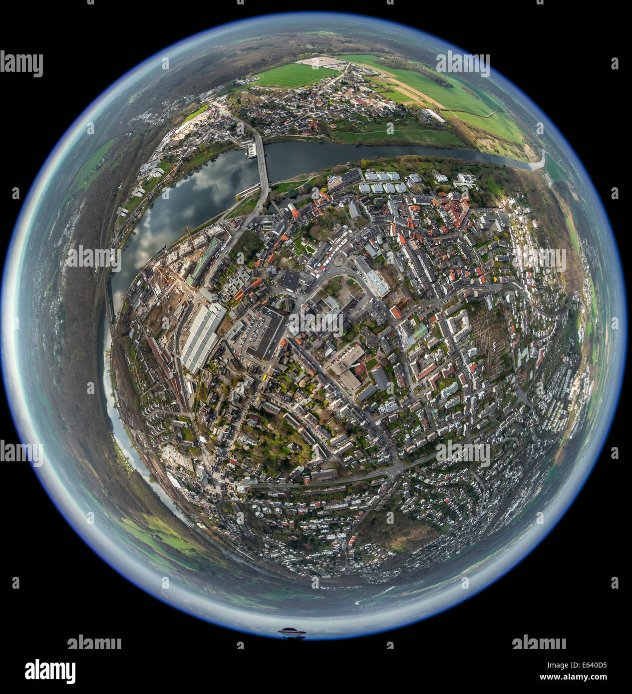 Aerial view shot with a fisheye lens, Kettwig, the Ruhr river and the Ruhr valley, Essen, Ruhr district, North Rhine-Westphalia Stock Photo