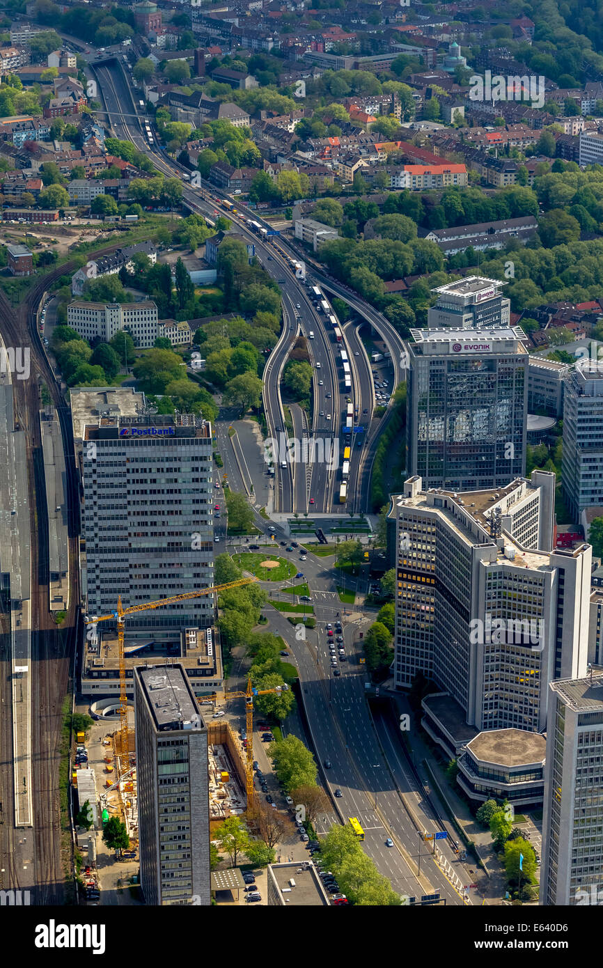 Aerial view, the A40 and the A52 motorway being blocked at the A40 motorway access, Stadtbezirke III district, Essen Stock Photo