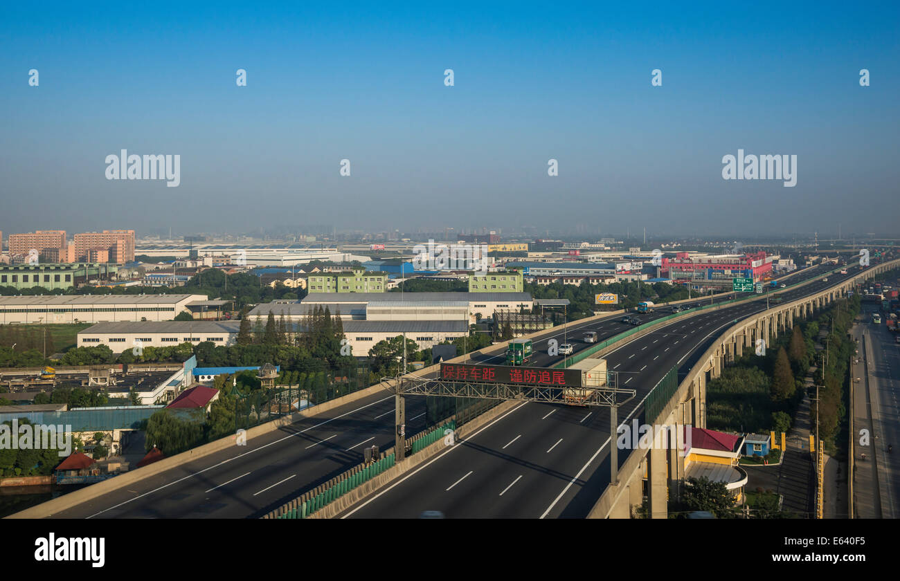 Highway on concrete pillars, road to Shanghai, China Stock Photo