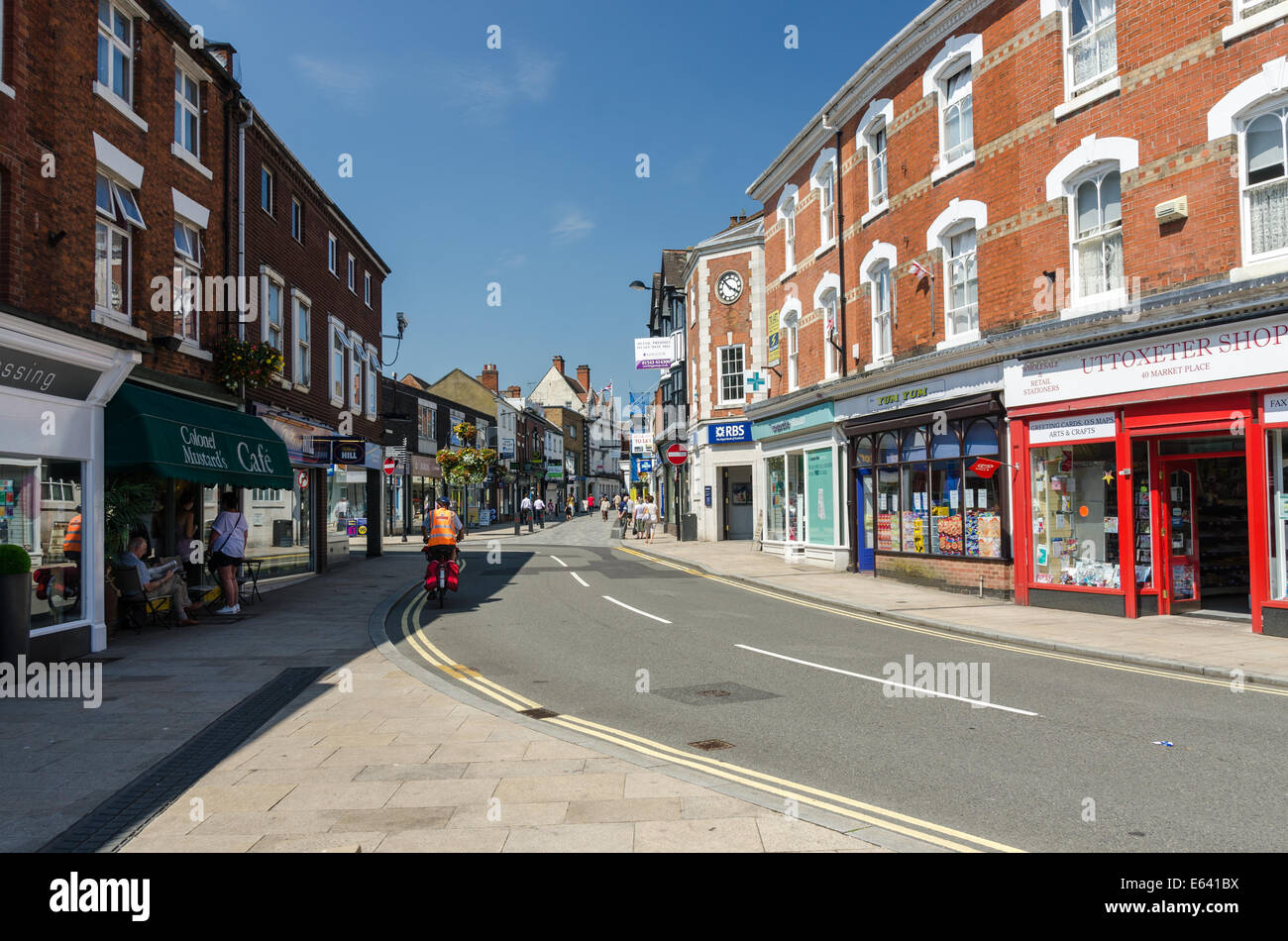 View down High Street from Market Place in the Staffordshire market town of Uttoxeter Stock Photo