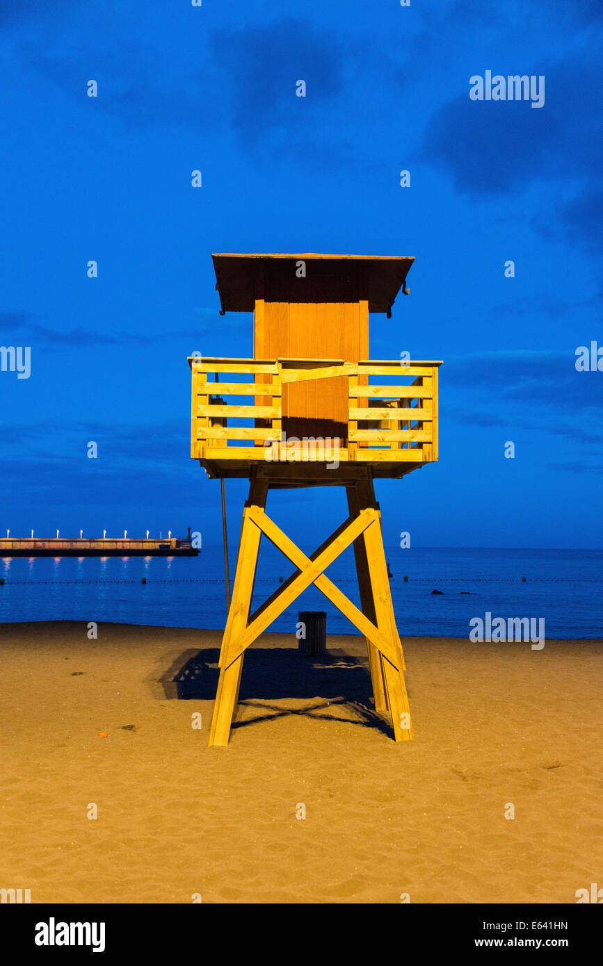 Coast guard tower on the beach, in the evening, Santa Cruz de La Palma, La Palma, Canary Islands, Spain Stock Photo