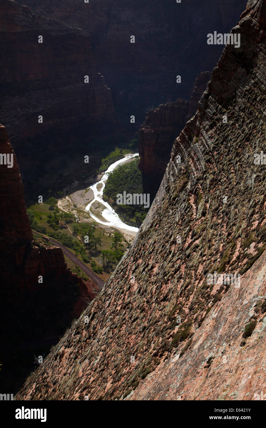 Looking down cliff face to Zion Canyon and Virgin River, seen from Angels Landing track, Zion National Park, Utah, USA Stock Photo